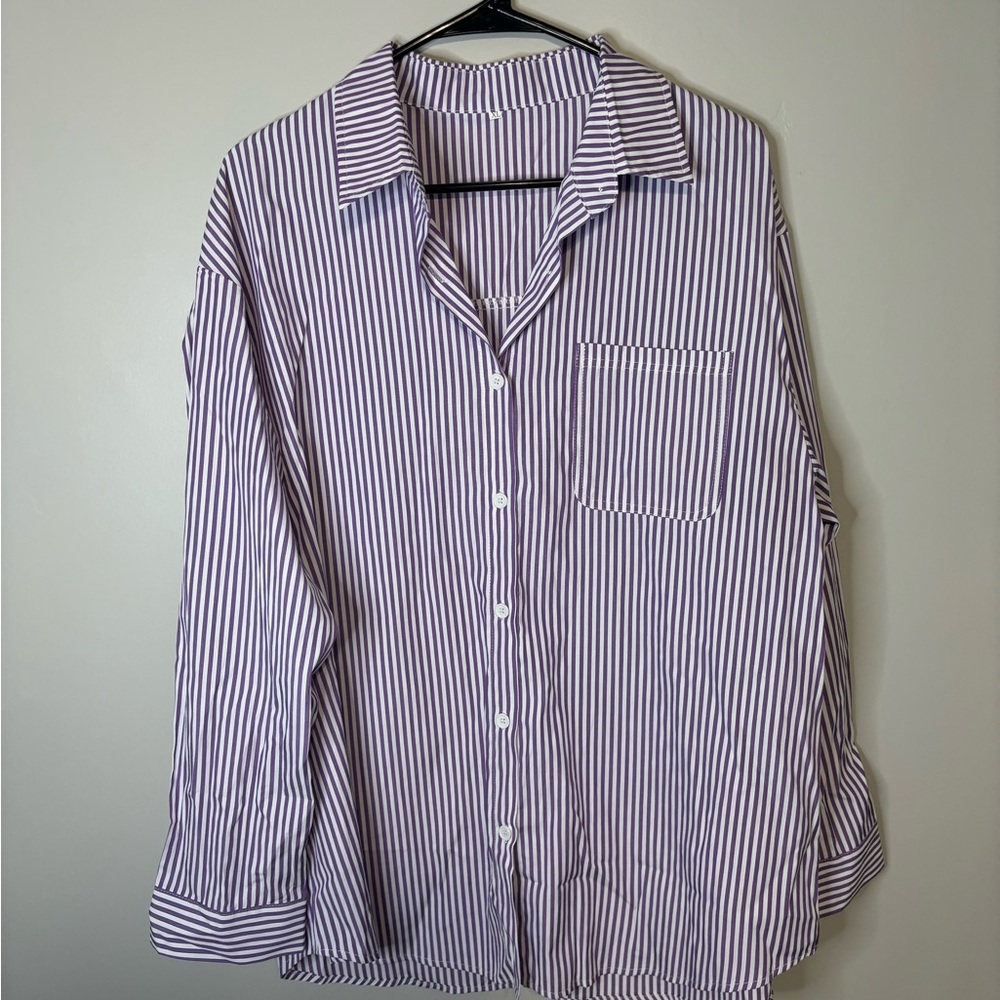 Like New Purple and White Striped Button Down Shirt with Front Pocket